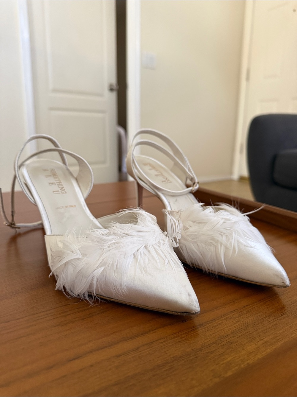 Something Bleu Bridal White Feather Pointed-Toe Slingback Heels